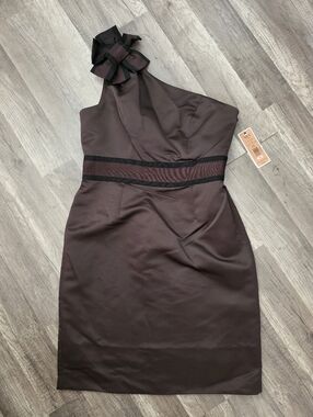 Nwt $290 NUE By Shanni One-Shoulder Satin Cocktail Dress Bow Ruffle Dark Brown M